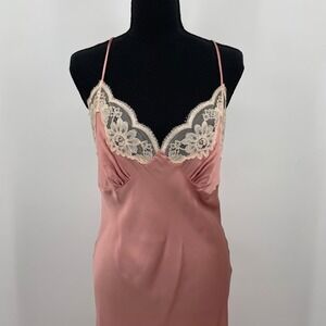 VTG Lore 100% Silk Slip Maxi Dress Nightgown Dusty Rose Mauve Lace Trim Large
